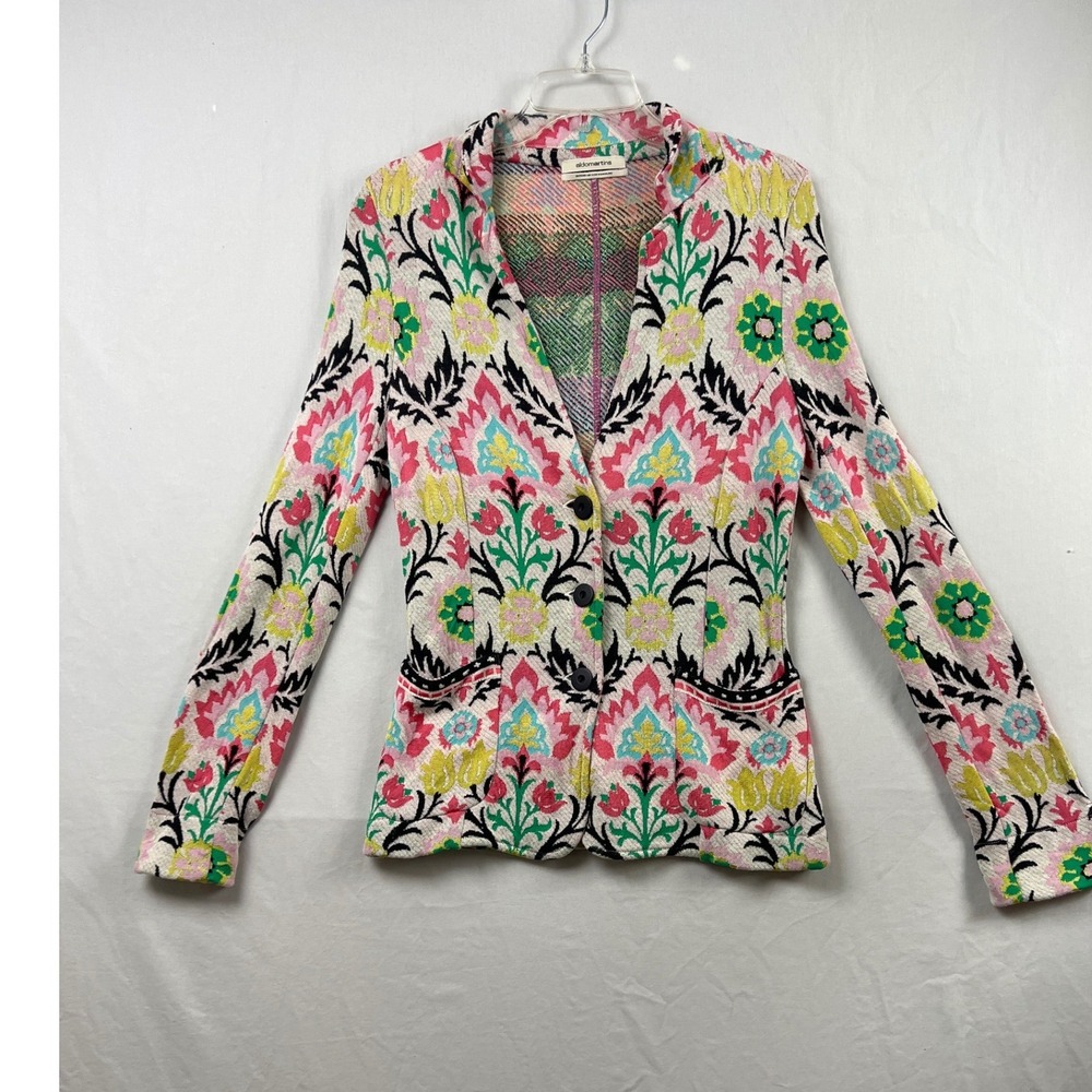 Aldo Martins Knit Blazer Womens XS Pink Floral Damask Jacquard Jacket Colorful
